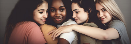 Happy friends from different races and culture laughing in front of phone camera. Students. Banner. generative aiの素材