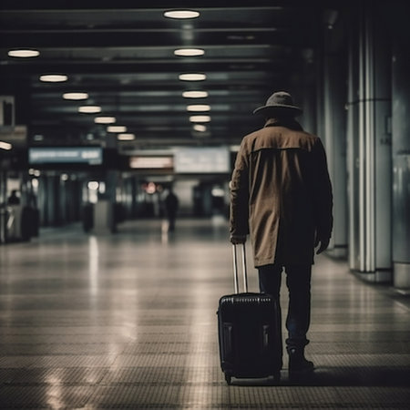 Shot of an unrecognisable man with his luggage in the airport.の素材
