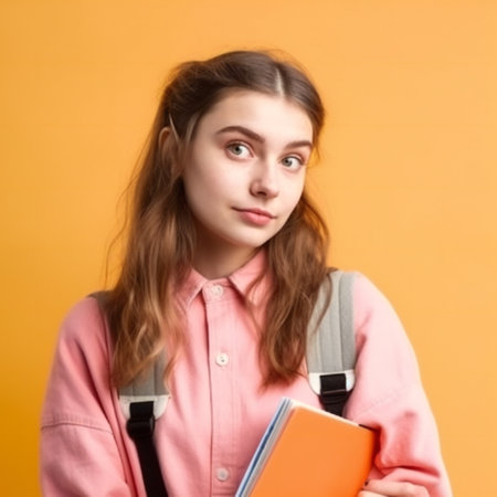 Beautiful female student isolated on orange background. generative aiの素材