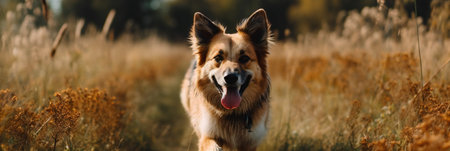 cute funny dog running in meadow looking in camera. banner. generative aiの素材