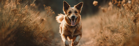 cute funny dog running in meadow looking in camera. banner. generative aiの素材