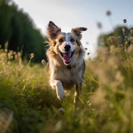 Happy dog running an d jumping through a meadow. generative aiの素材
