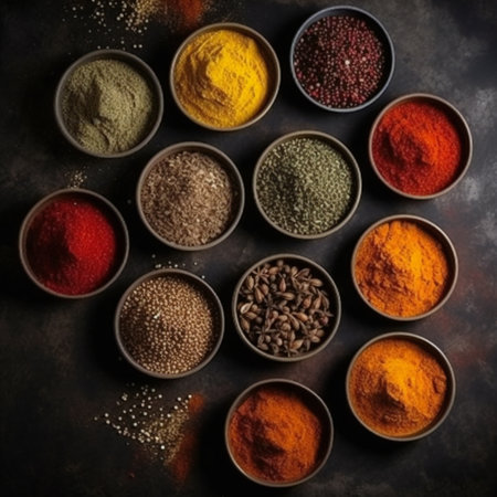 various kinds of spices on dark stone table. generative aiの素材