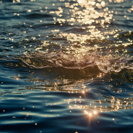 sunlight reflecting in glittering sea. background. sea water with sun glare and ripple. generative aiの素材