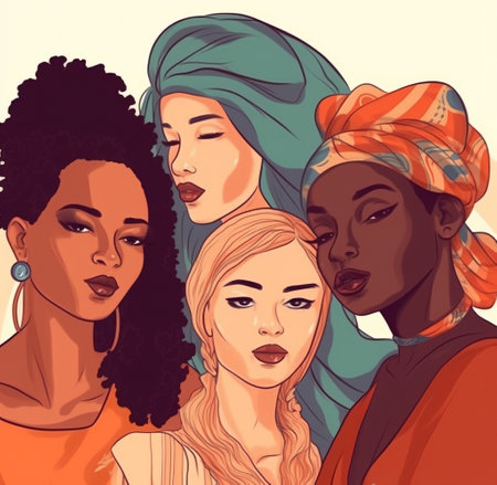 Happy womens day card with 4 women of different ethnicities and cultures stand side by side together. Generative aiの素材