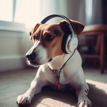 Cute dog listening to music with headphones. generative aiの素材