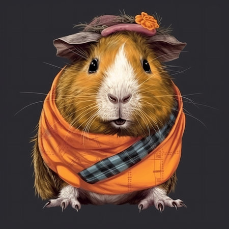 Portrait of cute red guinea pig in cute traditional costume. generative aiの素材