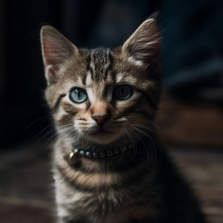 Cute black and grey kitten sitting, looking up Generative aiの素材