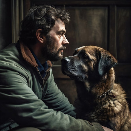 man and big dog, closeup. Connection between pet and man. Generative aiの素材