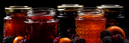 Assortment of summer seasonal berry and fruits jams in small jars, homemade preservation concept, marmalades or confitures with fresh berries jam jar, mix jam, various jams, type jam, different jams. bannerの素材