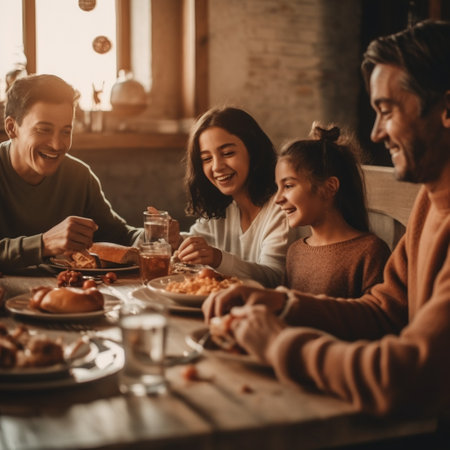 Sitting at the Dinner Table happy Family and Friends at the Evening Party Celebration together. Generative aiの素材