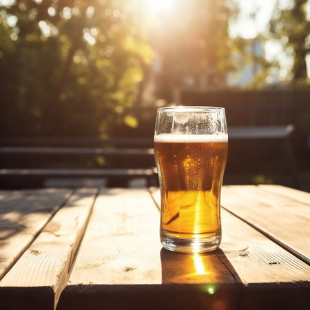 Golden beer on a wooden table against the backdrop of trees and the breaking sun on a holiday day. Generative aiの素材