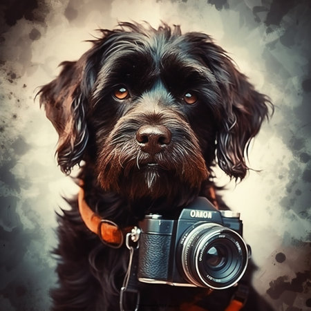 Cute dog with a camera. Hipster. Photographer. Generative aiの素材