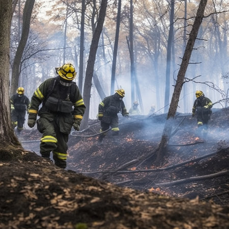 Firefighters try to extinguish the fire in a forest Generative aiの素材