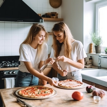 Two caucasian women cooking pizza together in the kitchen. The concept of home cooked food and LGBT relationships. family and diversity concept. lgbt love. Generative aiの素材