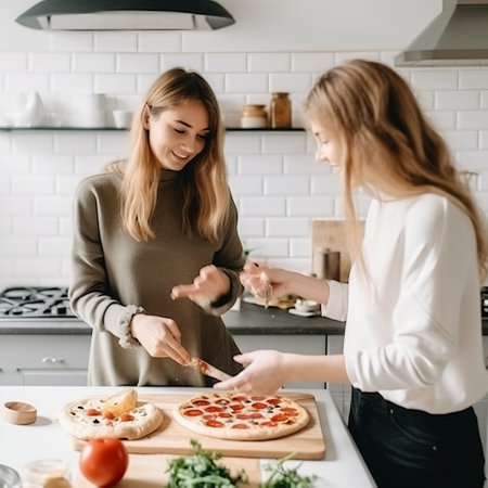 Two caucasian women cooking pizza together in the kitchen. The concept of home cooked food and LGBT relationships. family and diversity concept. lgbt love. Generative aiの素材