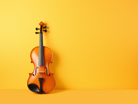 Classical music concert poster with orange color violin on yellow background with copy space for your text. generative aiの素材