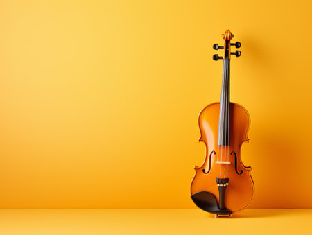 Classical music concert poster with orange color violin on yellow background with copy space for your text. generative aiの素材