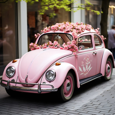 Pink retro toy car delivering bouquet of flowers . February 14 card, Valentine's day. Flower delivery. 8 March, International Happy Women's Day.の素材