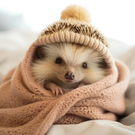 cute hedgehog with a hat lies on a knitted blanket sleeping. cute christmas animals. new year card. winterの素材