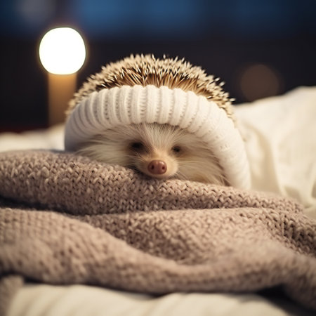 cute hedgehog with a hat lies on a knitted blanket sleeping. cute christmas animals. new year card. winterの素材