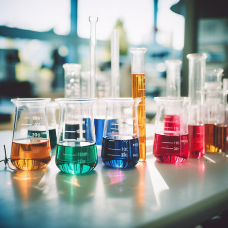 Chemical reagent bottles, scientific experiment bottles of various shapes, sizes on the table.の素材