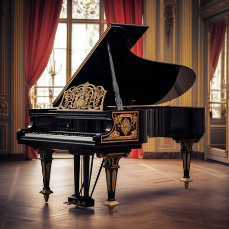 Black piano is ready to play in a living roomの素材