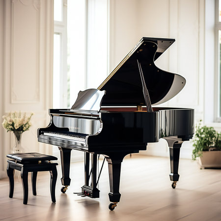 Black piano is ready to play in a living roomの素材