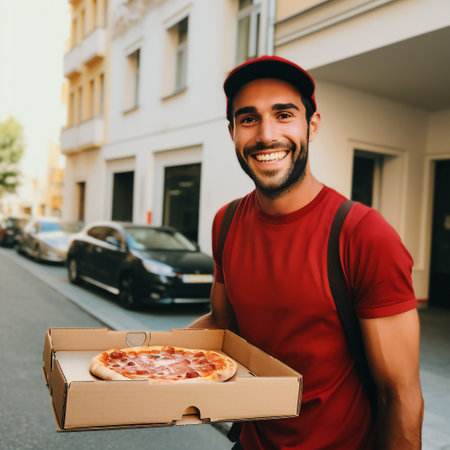 Male delivery person holding pizza box while standing at doorwayの素材