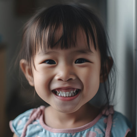 young asian girl smiling showing her healthy teeth looking happy.の素材