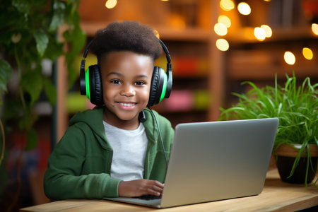 Horizontal portrait of African little boy sitting at desk and smiling at camera while studying online on laptop in the roomの素材