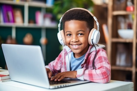 Horizontal portrait of African little boy sitting at desk and smiling at camera while studying online on laptop in the roomの素材