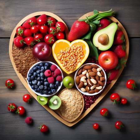 Diet choice heart health concept. heart one shaped of green vegetables fruit Heart disease and food medical health care.の素材