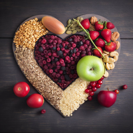 Diet choice heart health concept. heart one shaped of green vegetables fruit Heart disease and food medical health care.の素材