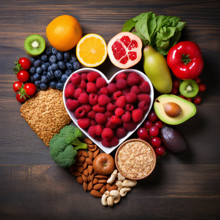 Diet choice heart health concept. heart one shaped of green vegetables fruit Heart disease and food medical health care.の素材