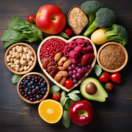 Diet choice heart health concept. heart one shaped of green vegetables fruit Heart disease and food medical health care.の素材