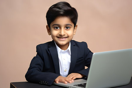 Indian kid/boy studying using laptop or playing gamesの素材