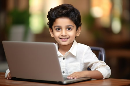 Indian kid/boy studying using laptop or playing gamesの素材
