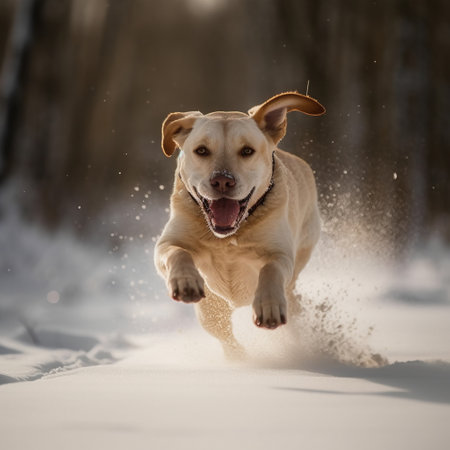Golden retriever dog running fast with tongue sticking out during winter walk in snowy woodの素材