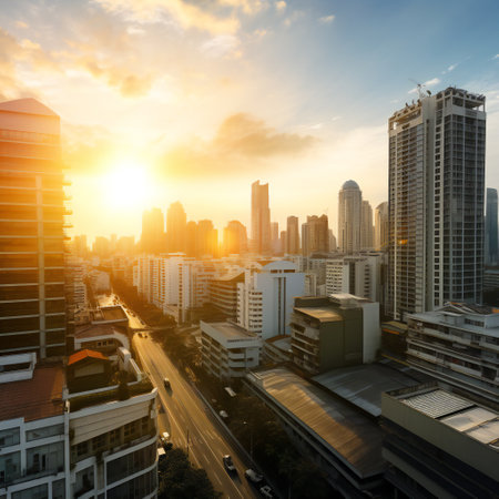 Bird's-eye view of a sunset cityscape skyscrapers above the buildings at golden hour.の素材