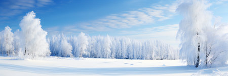 Snowy landscape at sunny day, frozen trees in winter, blue sky, banner.の写真素材