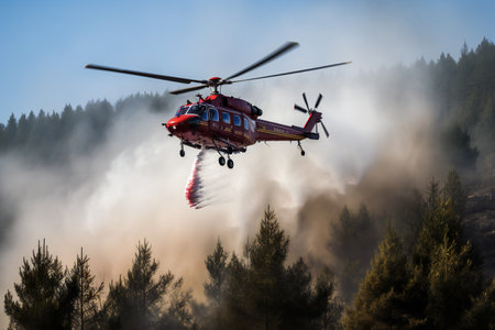 A helicopter dropping water on a wildfire in rugged terrain, backlit by a setting sun filtered through multiple layers of smokeの素材