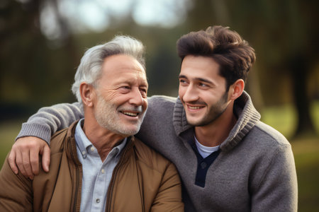 Happy father and son walking together in front of treeの素材
