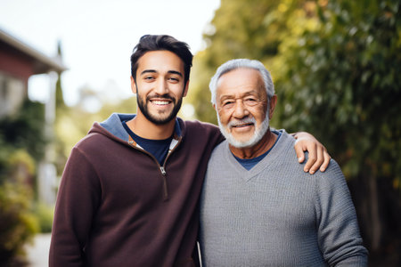 Happy father and son walking together in front of treeの素材