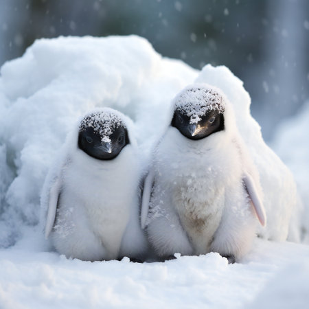 Two emperor penguins standing in a beautiful Antarctic pack ice scenery .の素材