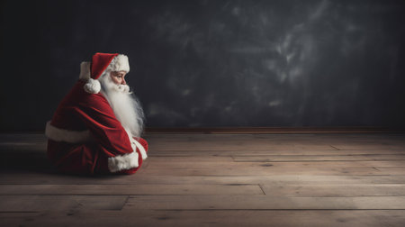 Gloomy sad Santa Claus sitting on dark background. Copy space. Banner.の素材