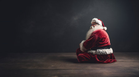 Gloomy sad Santa Claus sitting on dark background. Copy space. Banner.の素材