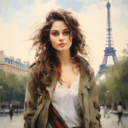 Beautiful young woman visiting paris and the eiffel tower.の素材