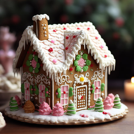 Homemade Christmas Gingerbread House displayed on a table. Christmas tree lights in the background.の素材