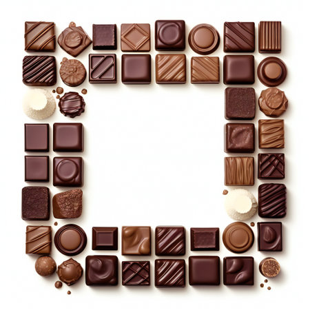 Frame of different kinds of chocolates on white background.の素材